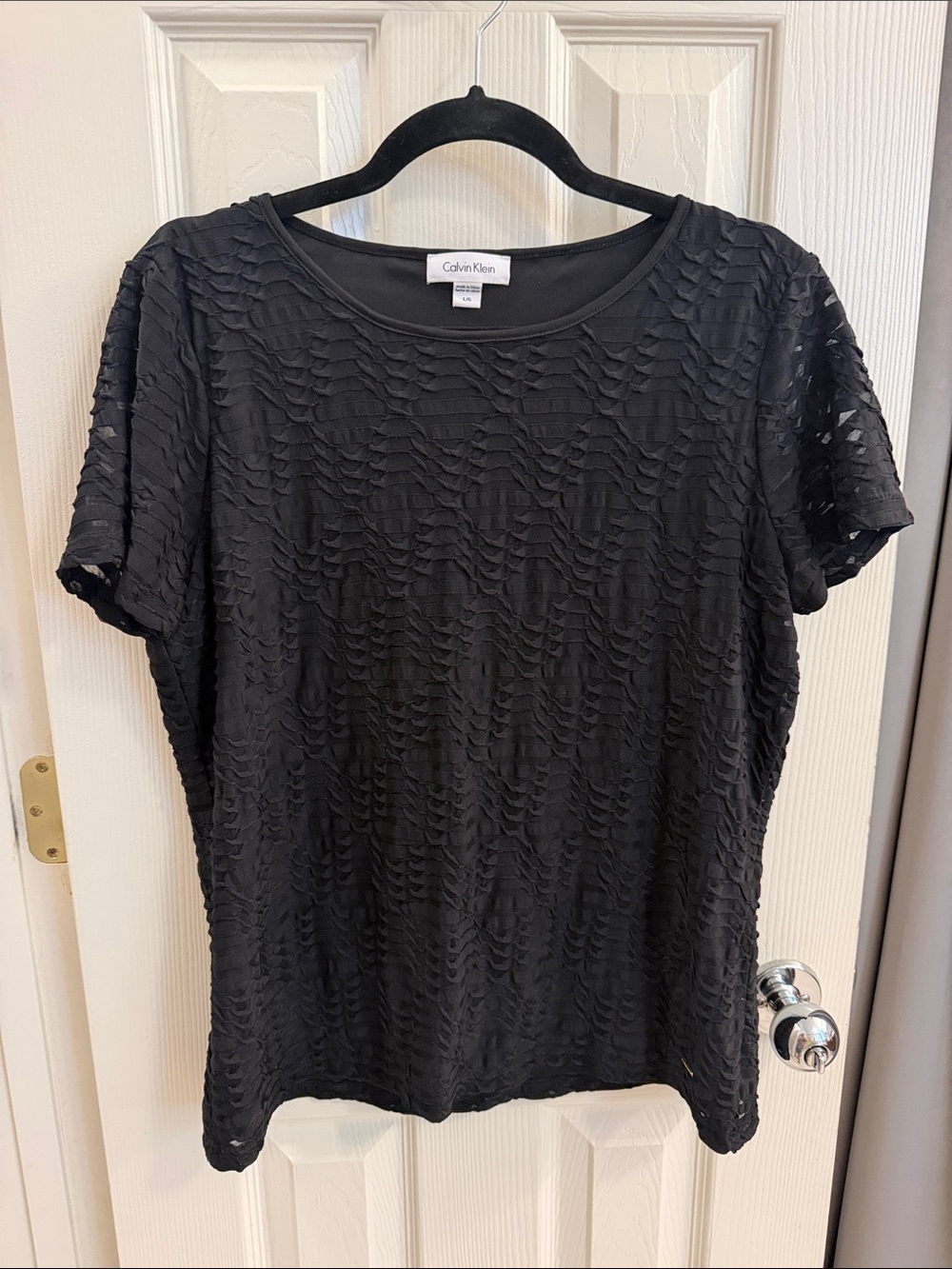Calvin Klein Black Short-Sleeve Textured Cutout Tee